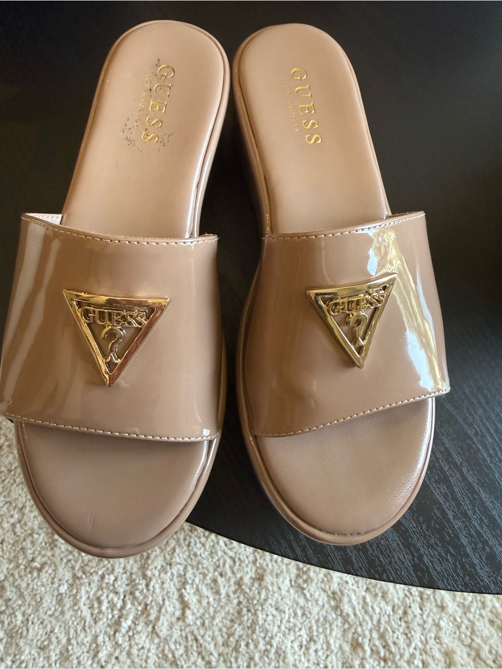 GUESS Women’s Taupe Patent Slide Sandals with Gold Logo Accent